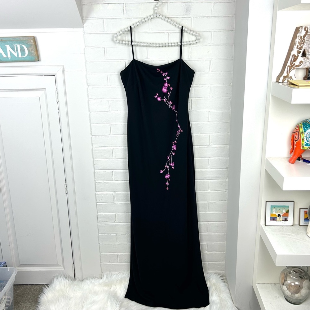 Arianna by Rachel Kaye Y2K Vintage Floral Embroidered Black Maxi Dress Size 8